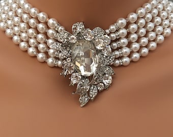 Audrey Necklace pearl necklace with brooch 5 strands of Crystal Pearls and crystals backdrop back drape Holly wedding jewelry breakfast at