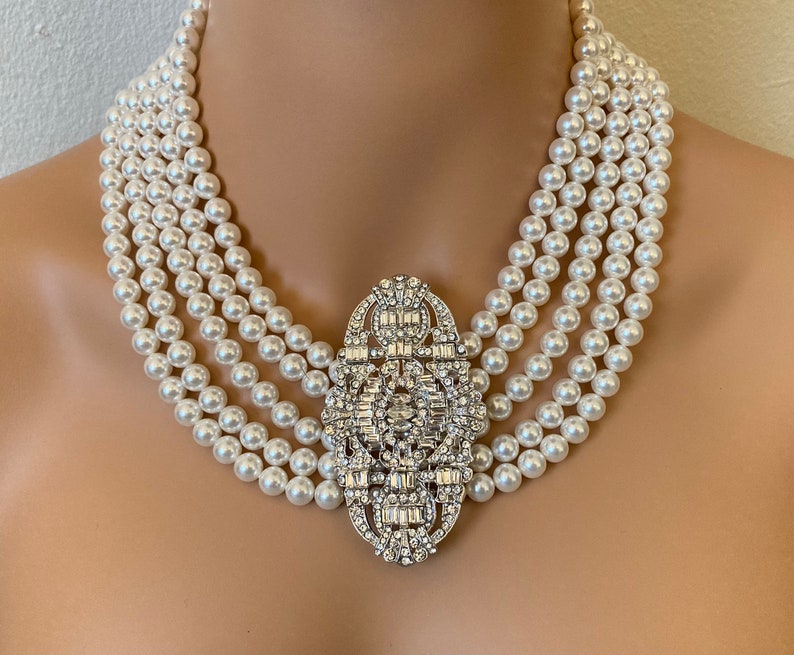 Pearl Statement Necklace with Brooch Art Deco 5 strands Crystal Pearls Great Gatsby necklaces Bridal Wedding jewelry Mother of the bride image 6