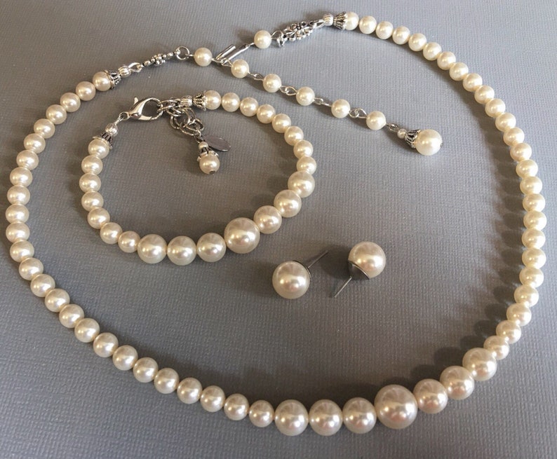 Ensemble de bijoux de demoiselle dhonneur, collier de perles, bracelet et boucles doreilles, un seul brin de perles Swarovski crème ivoire ou votre choix de couleur de mariage image 6