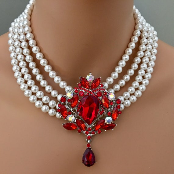 Pearl Necklace Set With Red Rhinestone Brooch and Earrings 4 - Etsy