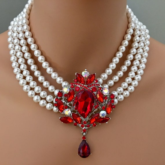 Pearl Necklace Set With Red Rhinestone 