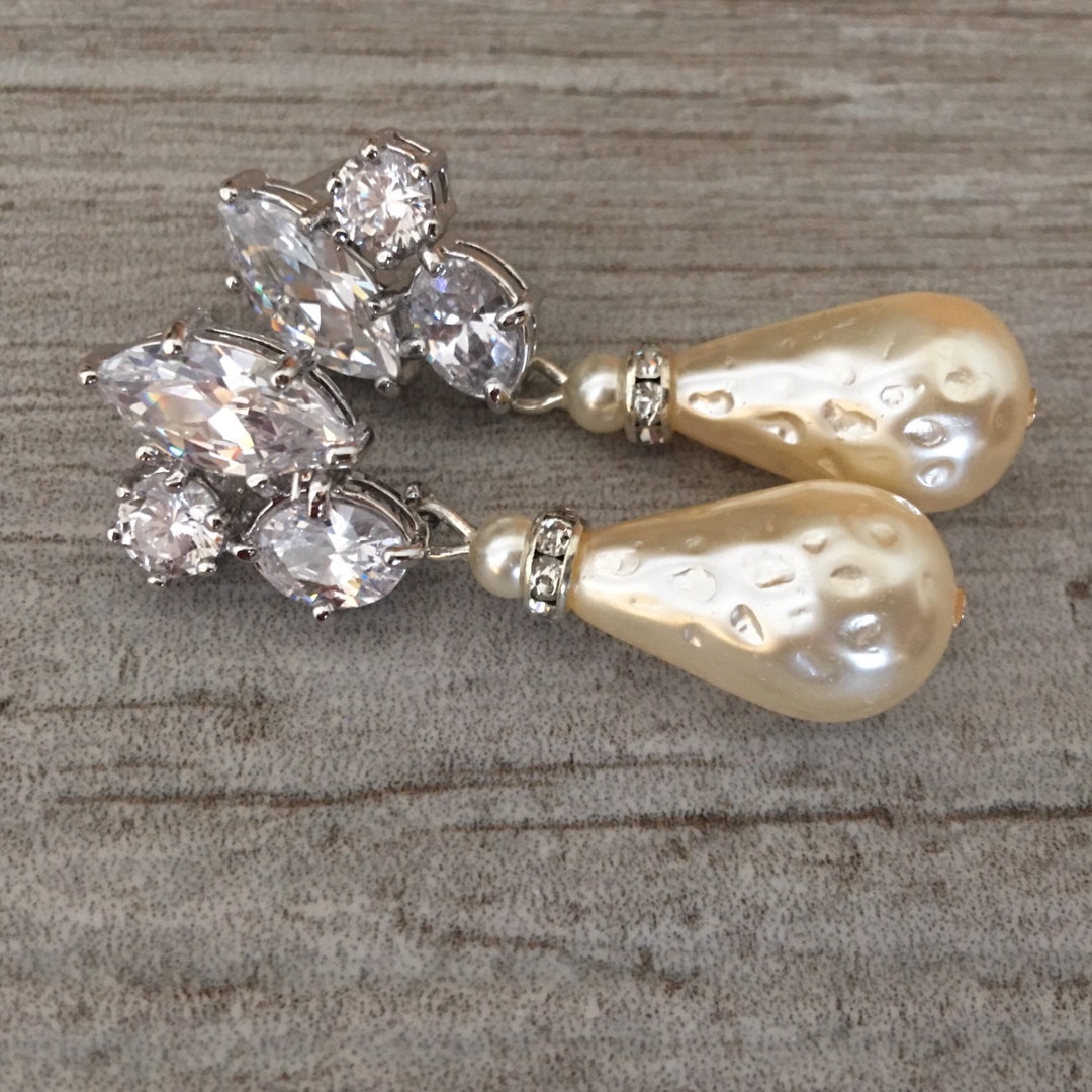 Pearl Bridal Earrings Long Pear Shape Teardrop Dimpled Pearl Dangle in ...