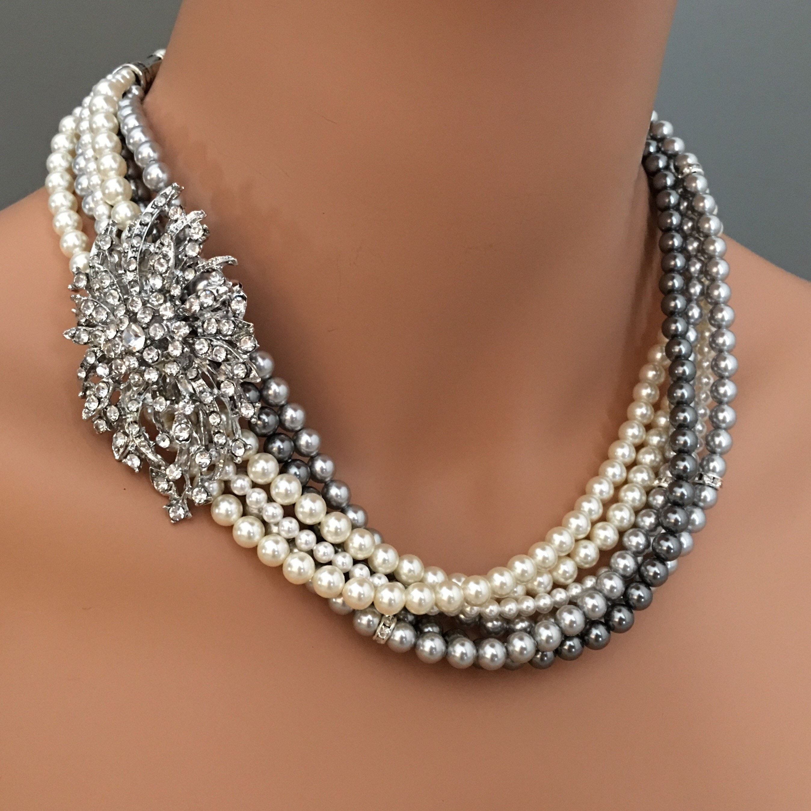 Grey Pearl Necklace Set Necklace With Brooch and Earrings Grey Pearl Necklace Set Necklace With Brooch and Earrings