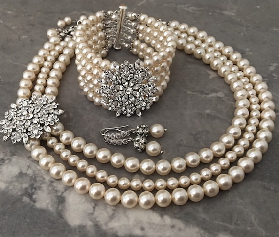 Tahitian glass Pearl Crystal Necklace Pendientes y Pulseras Set Bodas Joyería Conjuntos de joyería y bisutería 