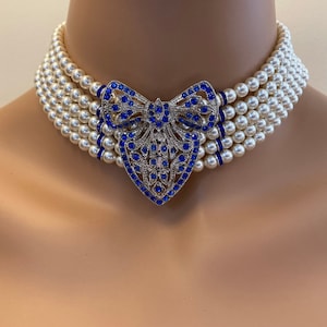 Art Deco Choker 5 strands of crystal pearls with sapphire rhinestone focal cream ivory pearl choker multi layers pearls royal blue necklace