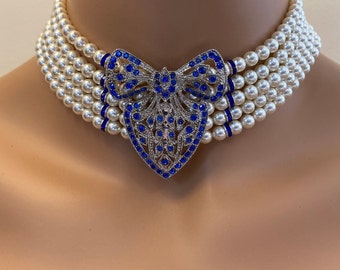Art Deco Choker Necklace 5 strands of crystal pearls with sapphire blue rhinestone cream ivory pearls multi layered pearls royal blue focal