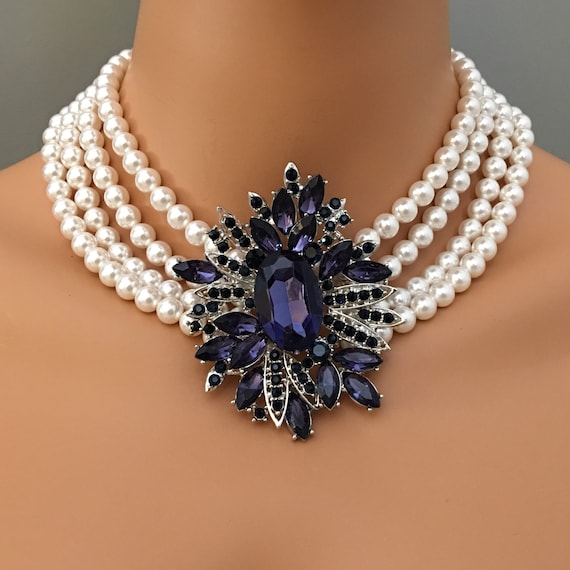 Navy Blue Necklace Set with Rhinestone Brooch 4 multi strands Etsy