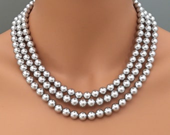 Classic Gray Pearl Necklace Set  3 Multi Strand Crystal Light Grey pearls or your choice of color Earrings Included Classic Elegant design