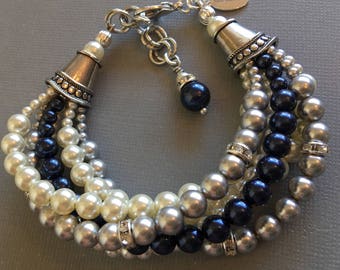 Navy Blue Bracelet multi strand Night Blue Light Grey and Ivory Swarovski Pearls mother of the bride wedding formal bridal jewelry