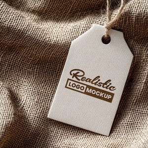Realistic Kraft Tag Logo Mockup | Hanging Label PSD on Burlap Fabric | Clothing Tag or Eco Brand Template