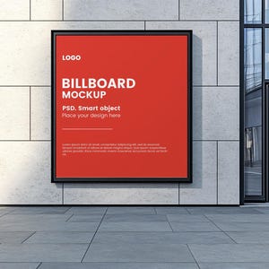 Modern Outdoor Billboard Mockup PSD | Realistic Wall Mounted Poster Frame | Editable Smart Object Display