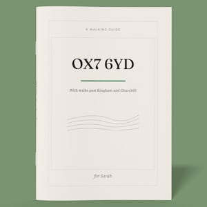 May include: A cream-coloured walking guide with the text "OX7 6YD" and the words "With walks past Kingham and Churchill". The guide is labelled "for Sarah" at the bottom. The background is a muted green.