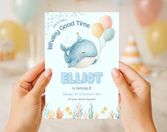 Sjabloon voor bewerkbare walvis verjaardagsuitnodiging, Under the Sea kinderfeestje uitnodigen, oceaan thema Canva sjabloon, 1e 2e 3e 4e verjaardag afdrukbare