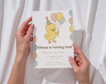 Waddle On Over Duckling Birthday Invitation | Cute Baby Duck Party Template | Editable Canva Invite for Kids | Spring Birthday Printable