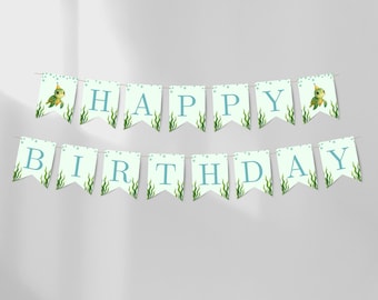Turtly Two Bunting Banner, Editable Under the Sea Birthday Banner Template, Sea Turtle Party Decoration, Ocean Themed Happy Birthday Sign