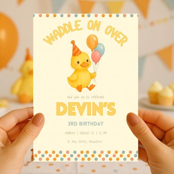 Duck Birthday Invitation, Waddle On Over Party Invite, Gender Neutral Toddler Birthday, 1st 2nd 3rd Birthday, Printable Digital Download