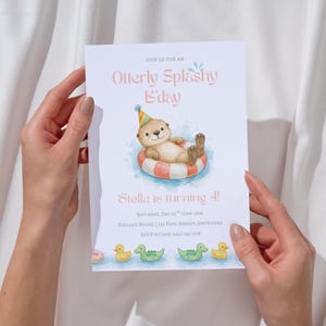 Plantilla de invitación de cumpleaños con temática de nutrias, invitación editable para fiesta infantil en la piscina, invitación de cumpleaños de verano para niñas y niños