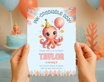 Octopus Birthday Invitation Template, Under the Sea Party Invite for Kids, 1st 2nd 3rd Birthday Ocean Theme Printable Digital Download