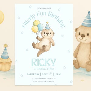 Plantilla de invitación de cumpleaños de nutria, fiesta de cumpleaños infantil para cualquier edad, linda invitación de nutria (descarga digital), invitación para niños y niñas