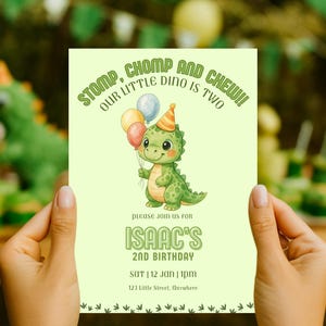 Redigerbar dinosauriefödelsedagsinbjudan, Stomp Chomp Chew 2-årsdagsinbjudan, söt dinosauriefest utskrivbar, pojkars andra födelsedagsinbjudan
