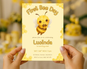 First Bee Day Invitation,  Editable Bumble Bee Birthday Invite, Cute Bee 1st Birthday Party Template, 1st birthday Invite Canva Printable
