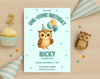 Editable Owl Birthday Invitation Template, Owl-Some 2nd Birthday Invite, Woodland Owl Party Printable, Owl Invite Template for Any Age