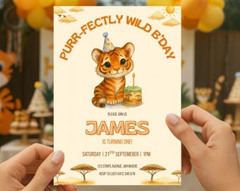 May include: A birthday invitation featuring a watercolor illustration of a tiger cub wearing a party hat, with the text "PURR-FECTLY WILD B'DAY". The invitation includes the name "JAMES" and event details.