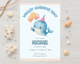 Sjabloon voor bewerkbare walvis verjaardagsuitnodiging, Under the Sea kinderfeestje uitnodigen, oceaan thema Canva sjabloon, 1e 2e 3e 4e verjaardag afdrukbare
