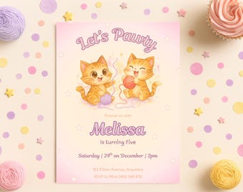 Editable Cat Birthday Invitation, Cute Kitten Party Invite, Girls Pawty Card, Canva Template, Girls Birthday Invite Cat, Kids Party Invite