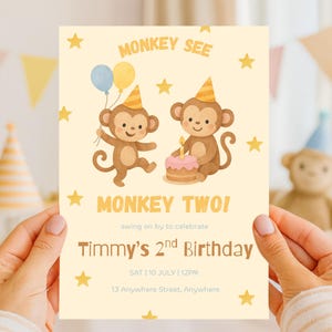 May include: A birthday invitation card with a light yellow background. The card features two cartoon monkeys, balloons, and stars. Text on the card reads "Monkey See, Monkey Two!" and "Timmy's 2nd Birthday."