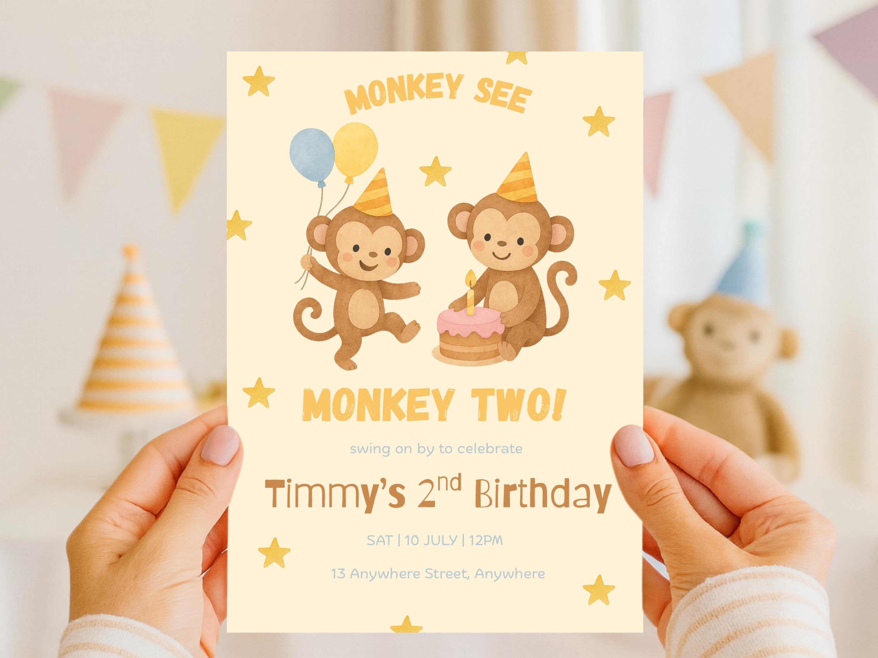Two Birthday Invite Cute Monkey Two Birthday Invitation Template • Swing on Over • Editable ...