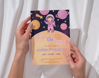 Two the Moon Birthday Invitation Template for Girl | Space Theme 2nd Birthday Invite | Editable cartoon Astronaut Party Invite for girls