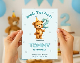Bear 2nd Birthday Invitation Template, Teddy Invite for Second Birthday Party, Boys 2nd Birthday Invite, Girls 2nd Birthday Invite