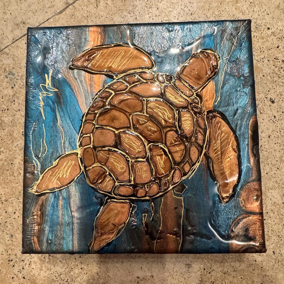 Ember Turtle Golden Sea Turtle Resin Art: Ocean Ember Turtle- 6x6 Canvas - Etsy