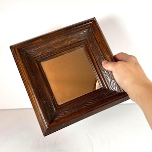 Vintage Carved Wooden Wall Mirror – Small Rustic Square Hanging Mirror, Farmhouse Cottage Decor, Antique Style Frame 8.5” x 8.5”