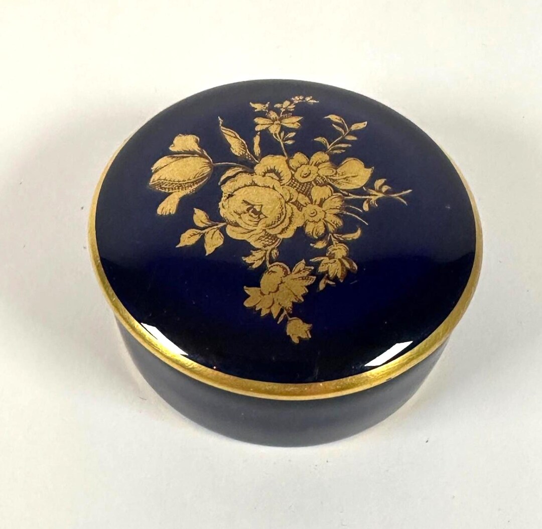 ミニリモージュ小物入れ：コバルトブルーとゴールドの花柄のフランス製