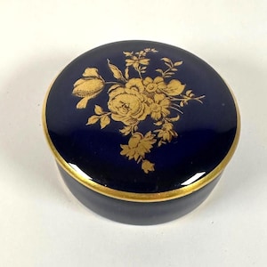 Mini Limoges France Trinket Box – Cobalt Blue & Gold Floral – French Porcelain Ring Dish – Vintage Jewelry Box – Elegant Vanity Decor