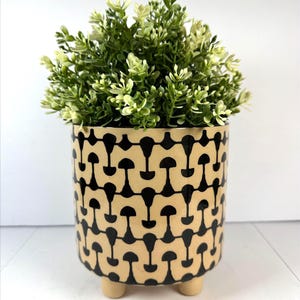 May include: A decorative beige and black patterned ceramic planter with a green plant. The planter has a repeating black design and sits on three small wooden legs. The plant has green and light green leaves.