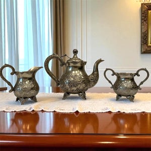 Mid-Century Silver Plated Tea Set – 3 Pc Footed Teapot Creamer Sugar Bowl