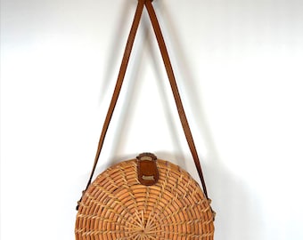 Runde Rattan Umhängetasche - Boho Woven Geldbörse mit Lederband