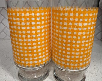 MidCentury Modern Bright Orange & White Gingham Glass Tumblers, set of 2