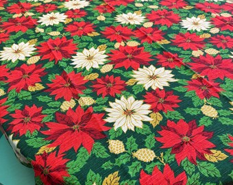 Vintage Red and White Poinsettia Christmas Rectangle Tablecloth with Green Leaves and Gold Pinecones