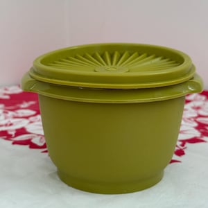 May include: An olive green plastic container with a matching lid. The lid has a sunburst design. The container is sitting on a white surface with a red floral pattern.