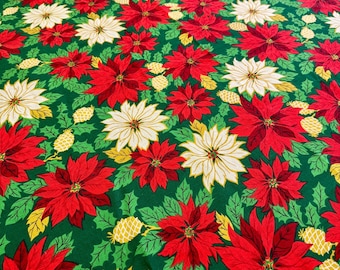 Vintage Red and White Poinsettia Christmas Round Tablecloth with Green Holly Leaves