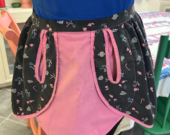 Vintage Pink & Black Cherries Cotton Half Apron