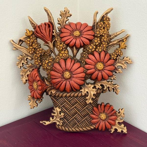 Vintage Burwood Autumn Harvest Orange & Brown Floral Basket Wall Decor