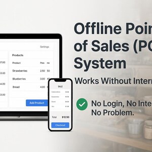 Op de afbeelding: Een laptop en smartphone met een offline point-of-sale (POS) systeeminterface. Het scherm toont verkoopgegevens en productlijsten. De tekst luidt "Offline Point of Sales (POS) System" en "Works Without Internet."