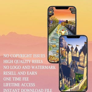 以下が含まれることがあります： 2つのスマートフォンが、オレンジとピンクのグラデーションの背景にモバイルゲームのグラフィックを表示しています。左側のテキストは次のとおりです。NO COPYRIGHT ISSUES、HIGH QUALITY REELS、NO LOGO AND WATERMARK、RESELL AND EARN、ONE TIME FEE、LIFETIME ACCESS、INSTANT DOWNLOAD FILE.