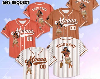 Camiseta de béisbol personalizada de la Princesa Moana de Disney, camiseta personalizada con nombre para niños y adultos para el día del partido de Disney, conjunto a juego de la Princesa Disney