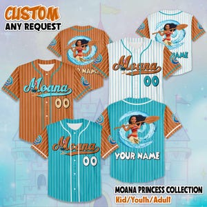 Personalized Moana Princess Collection Baseball Jersey, Custom Disney Moana Jersey Shirt, Disney Baseball Team Outfit, Birthday Gift